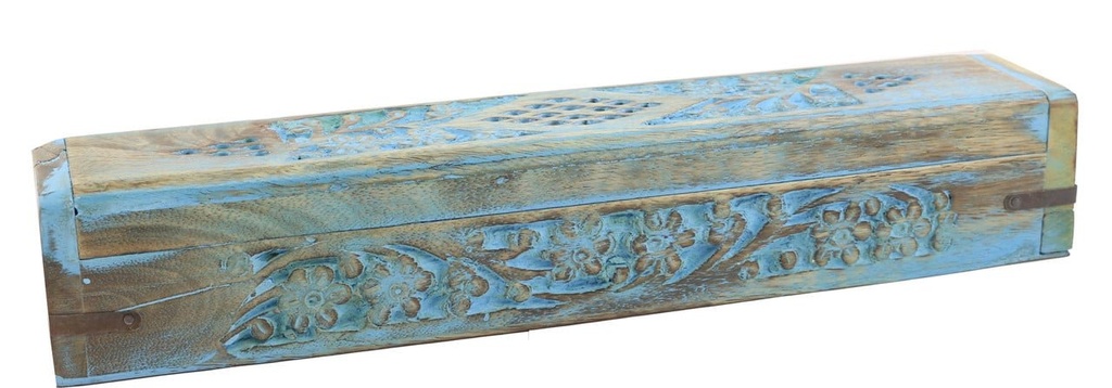 [402 BLUE] Blue Floral Wooden Incense Coffin Box – 12"