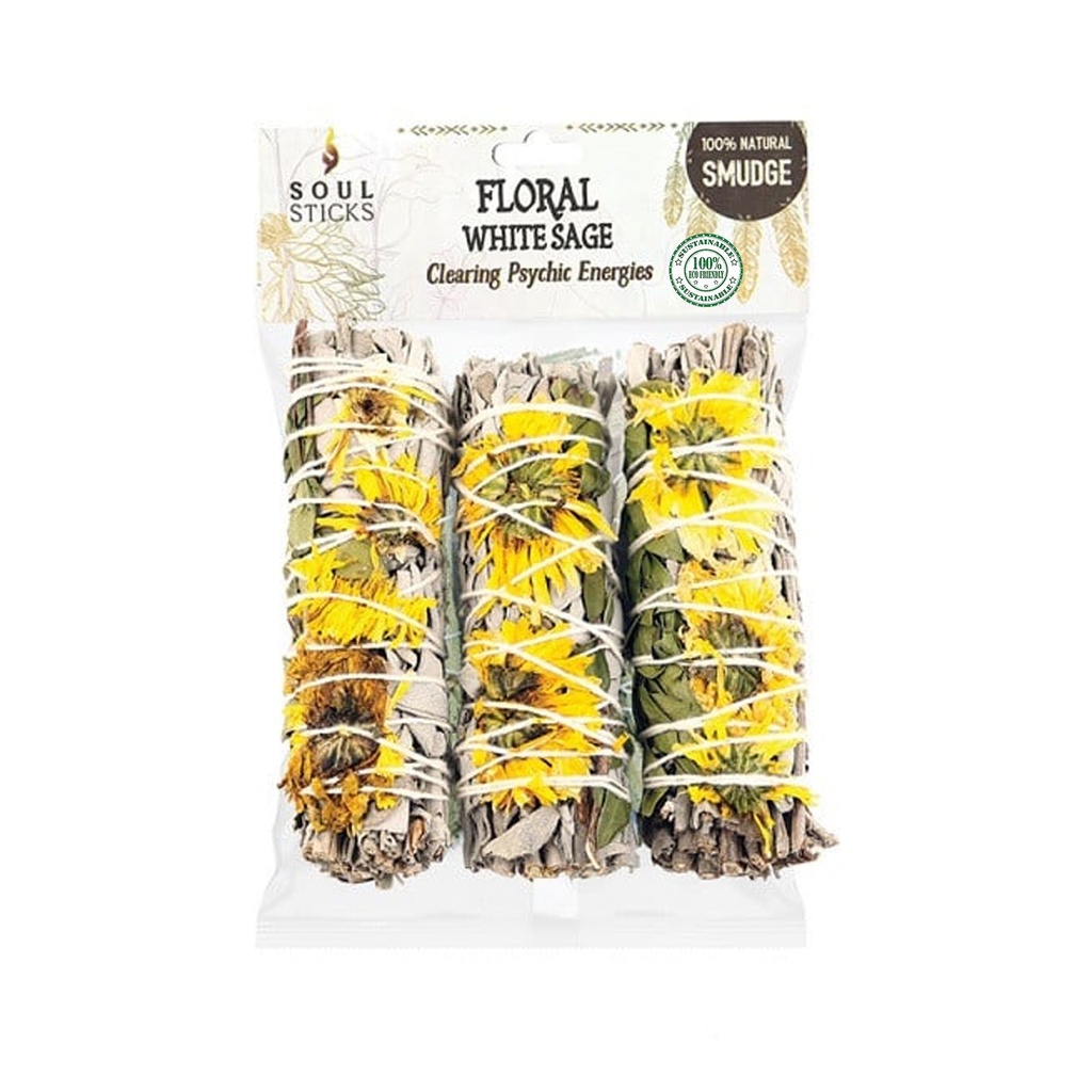 [51208] 4" Sunflower White Sage Smudge Sticks Retail Pack – Pack of 3