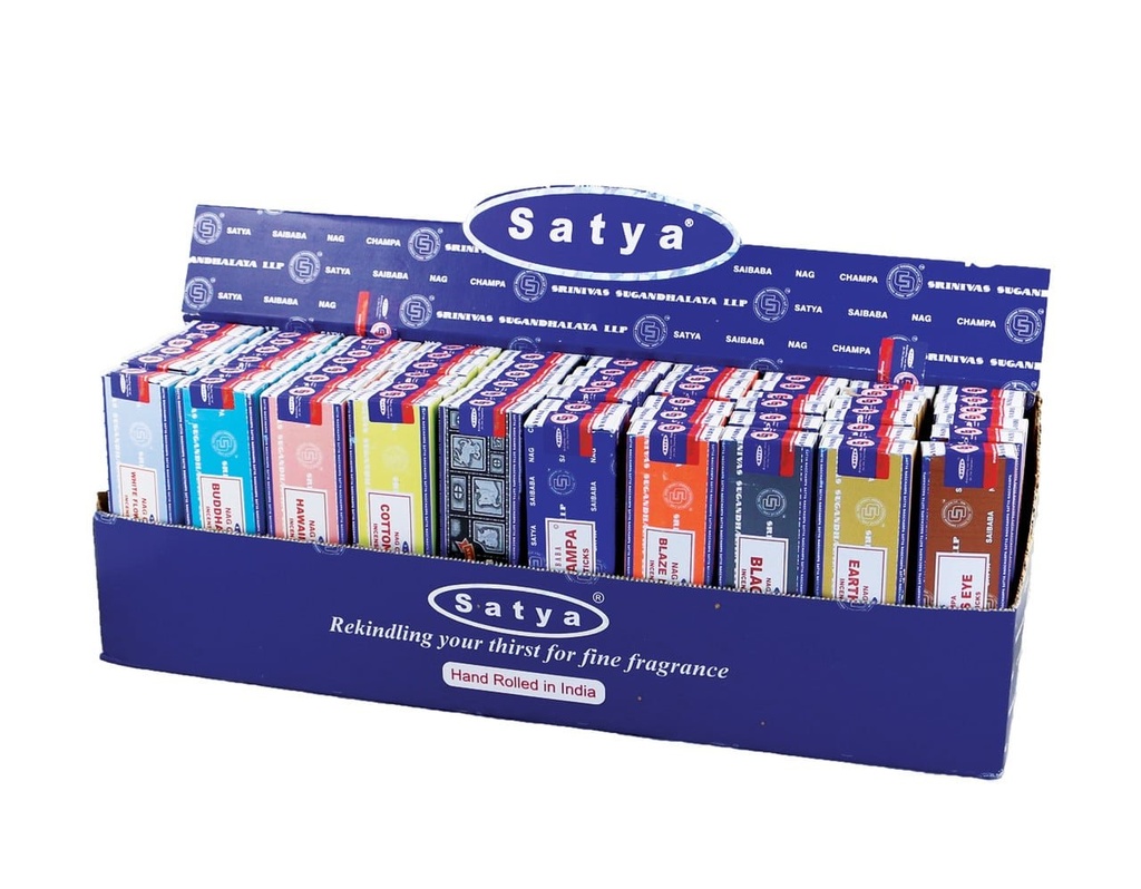 [51329] Satya Assorted Pocket Incense Sticks Display – 60 Packs / 10 Fragrances