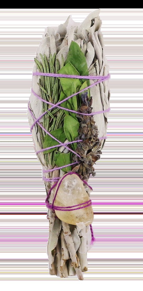 [57434] White Sage Torch w/ Morton Leaves, Rosemary & Citrine Quartz – 3"-4"