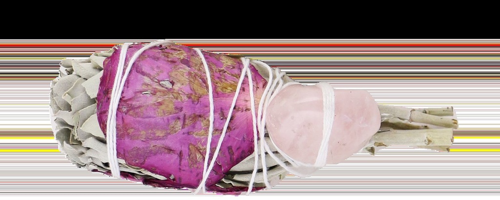 [57436] White Sage Torch w/ Rose Petals & Rose Quartz – 4"