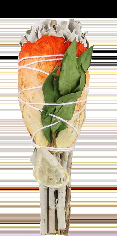 [57437] White Sage Torch w/ Morton Leaves, Rose Petals & Citrine – 3"-4"