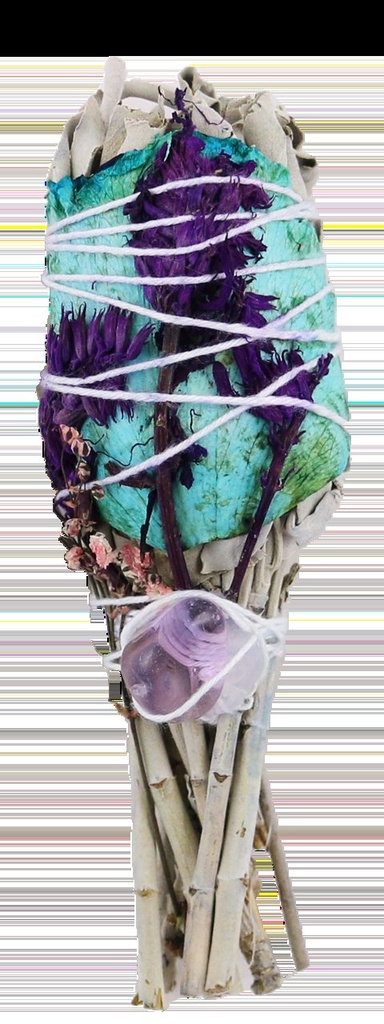 [57439] White Sage Torch w/ Lavender, Rose Petals & Amethyst – 3"-4"