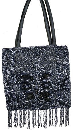 [6028] Black Beaded Purse – 7" x 12"
