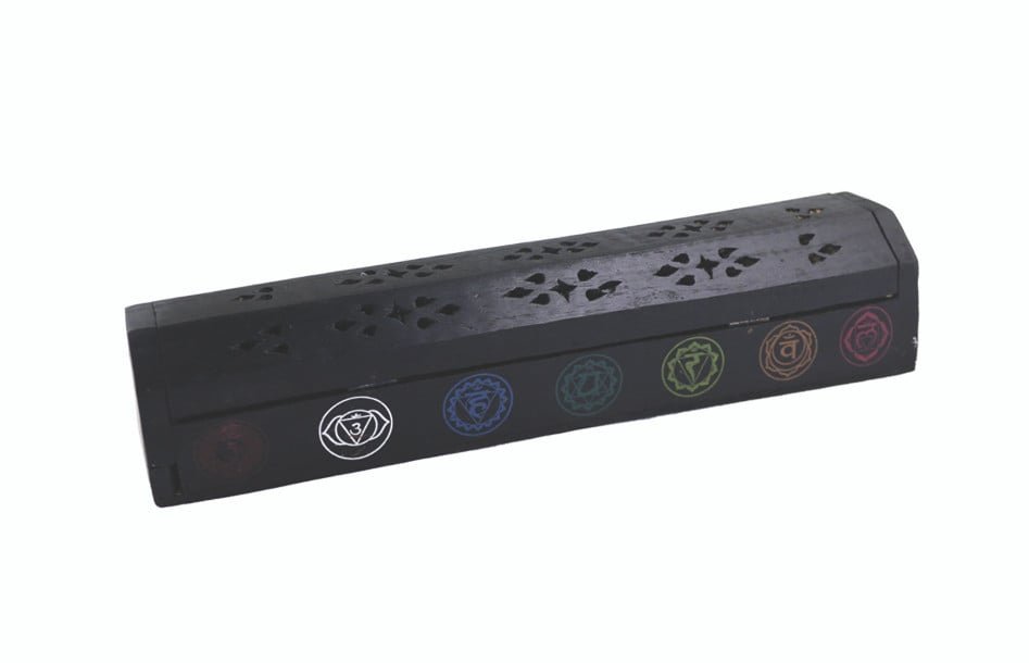 [91069] Black 7 Chakras Wooden Incense Coffin Box – 12"