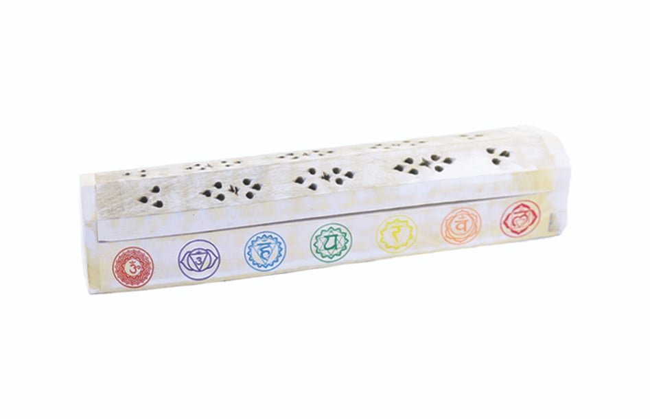 [91070] White 7 Chakras Wooden Incense Coffin Box – 12"
