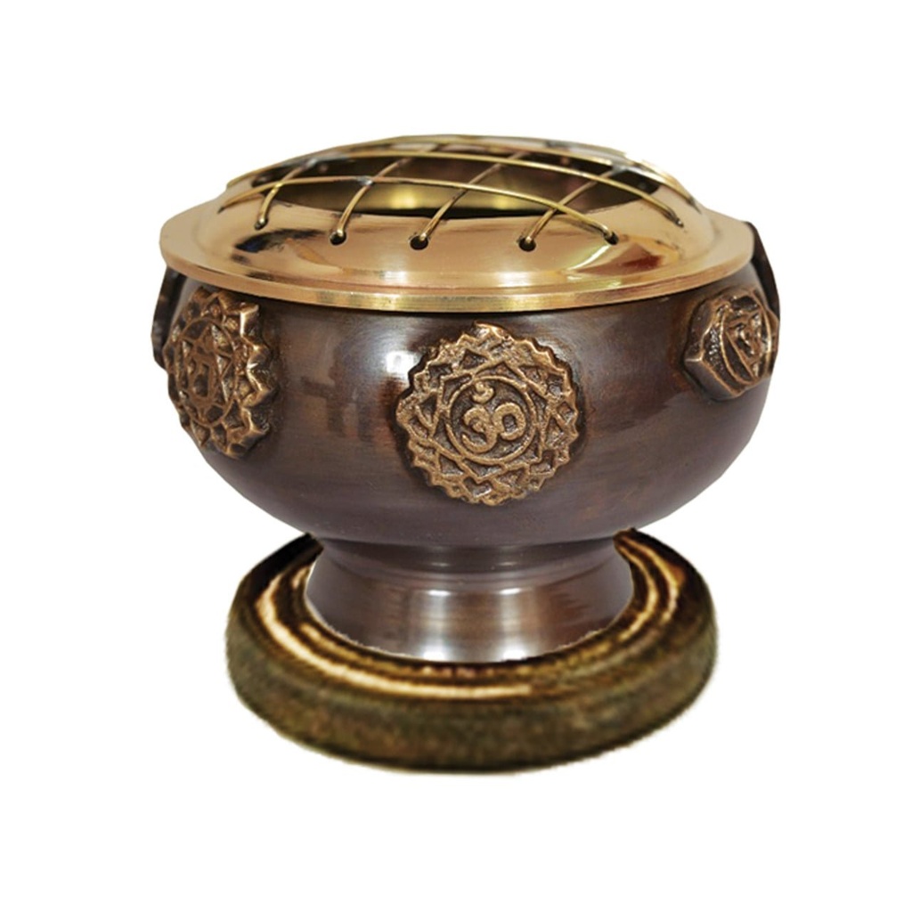 [91719] 7 Chakras Brass Screen Charcoal Burner w/ Coaster – 2.75"