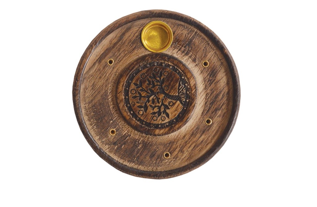 [91742] Tree of Life Mango Wood Disc Incense Burner – 4"