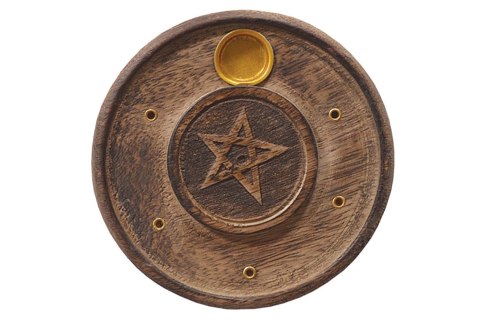 [91744] Pentacle Mango Wood Disc Incense Burner – 4"