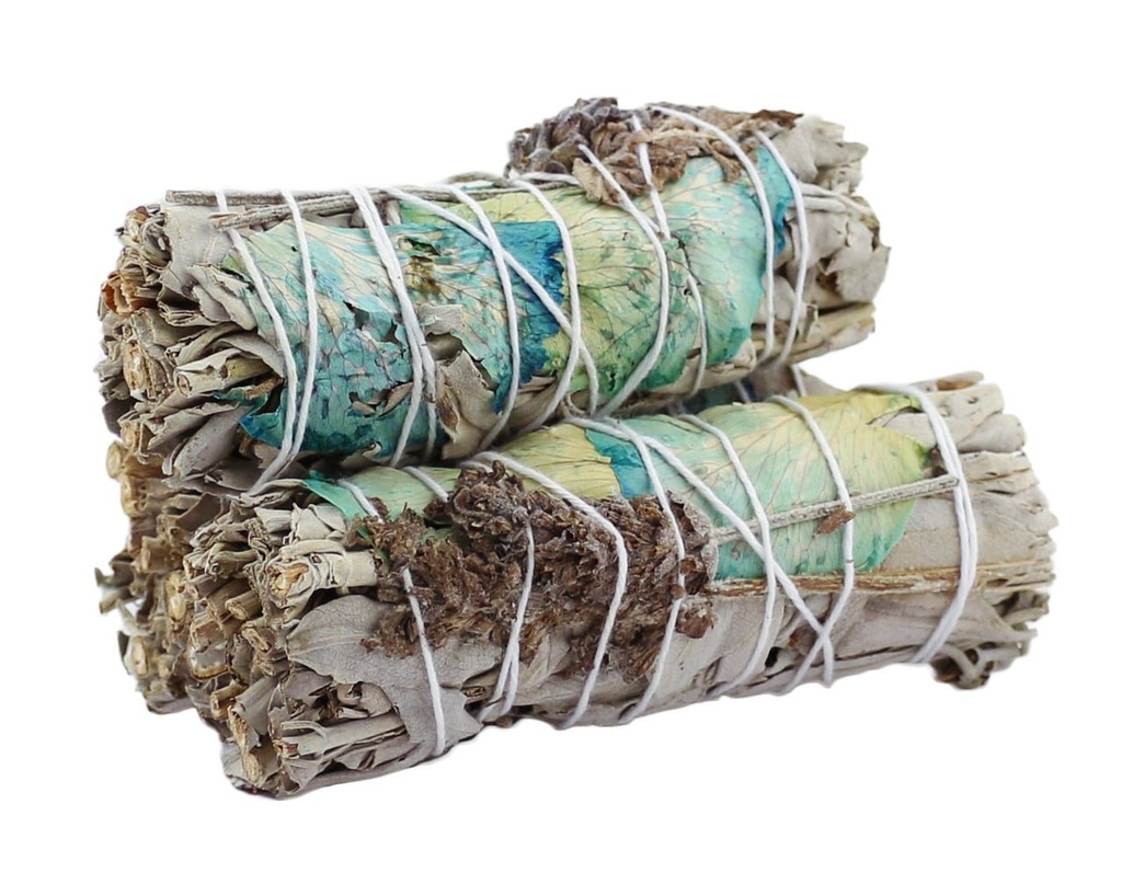 [91858] White Sage w/ Blue Rose Petals & Lavender Smudge Stick – 4"