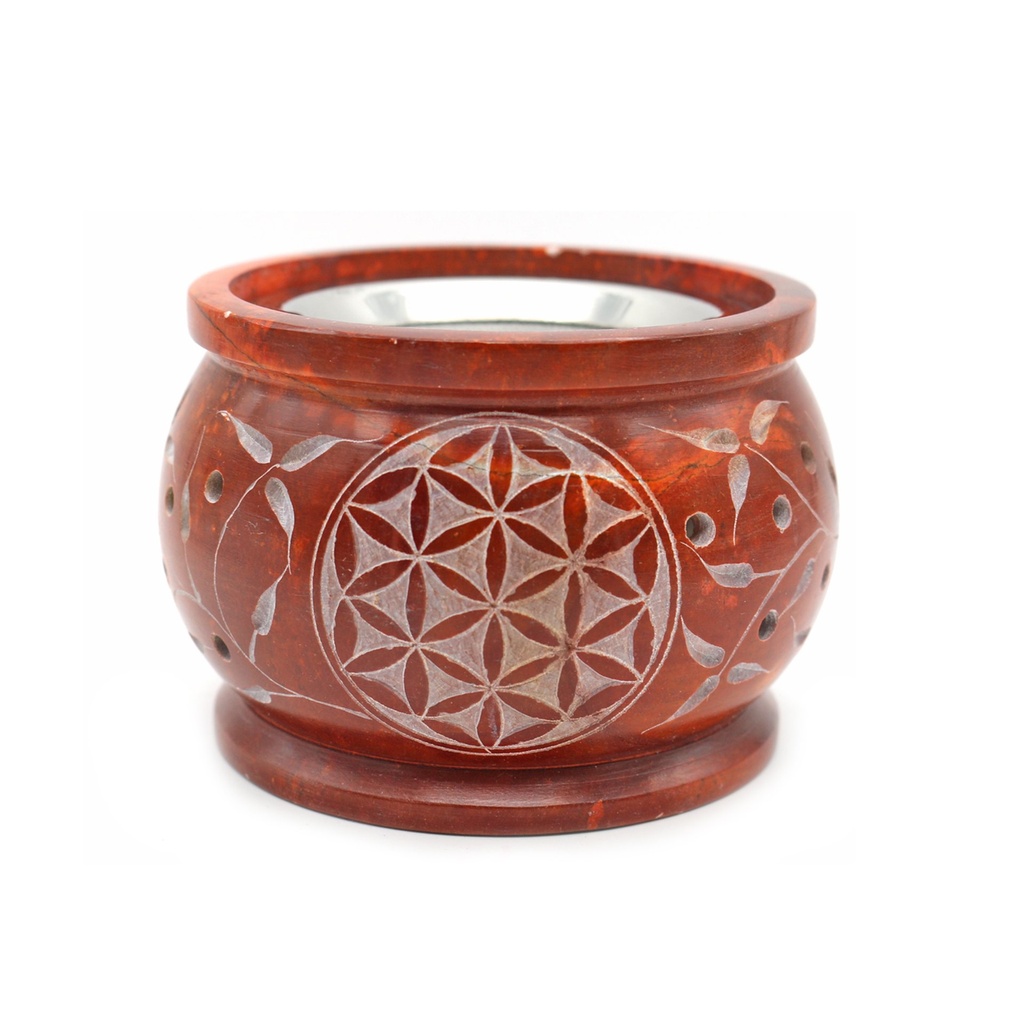 Orange Flower of Life Soapstone Charcoal Burner – 3" x 3.5"