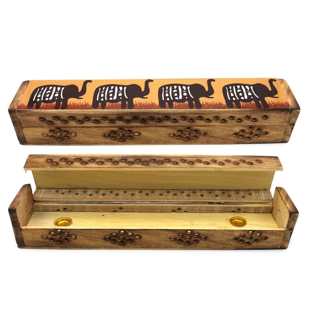 [14088] Elephant Wooden Incense Coffin Box