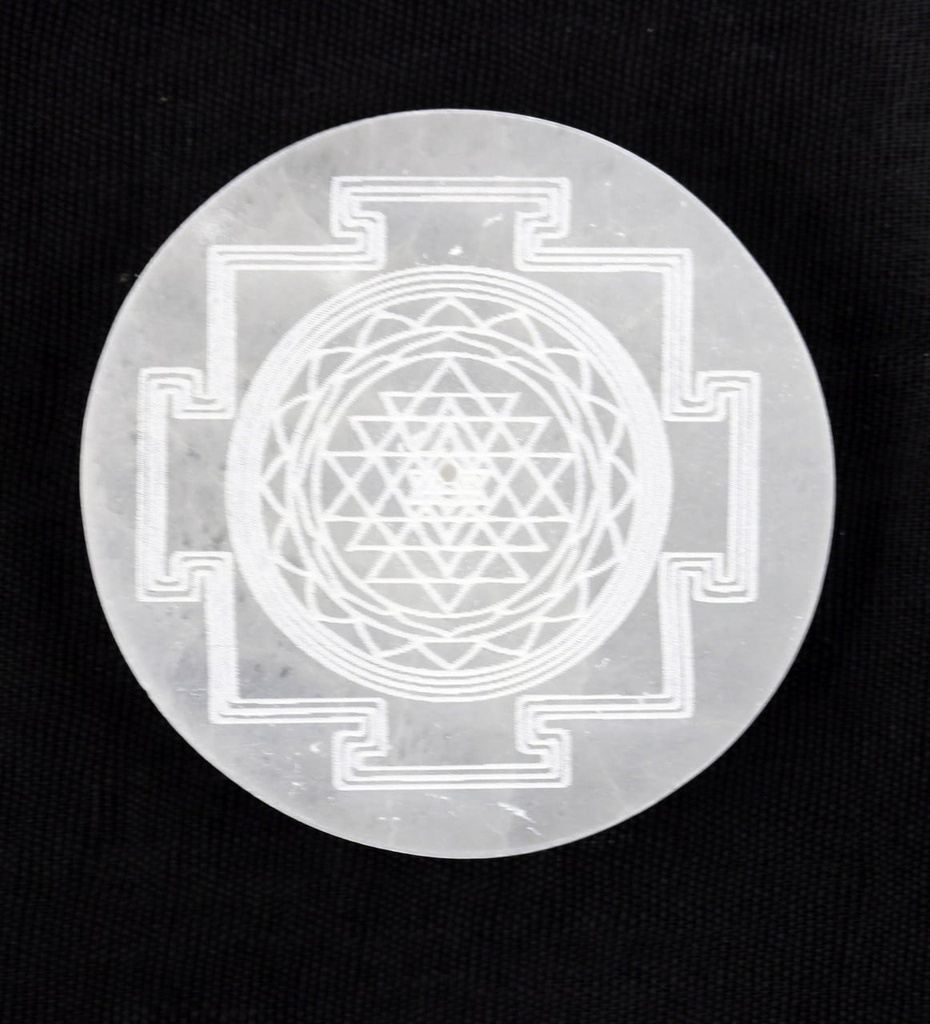 [94124] Yantra Round Selenite Incense Burner – 3"