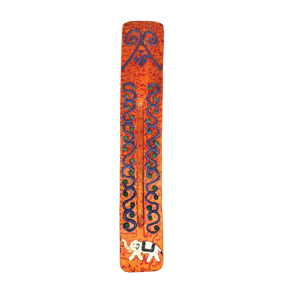 [14094] 11" Orange Patterned Mango Wood Incense Ash Catcher