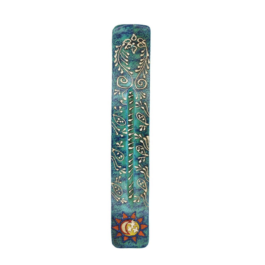 [14095] 11" Teal Patterned Mango Wood Incense Ash Catcher