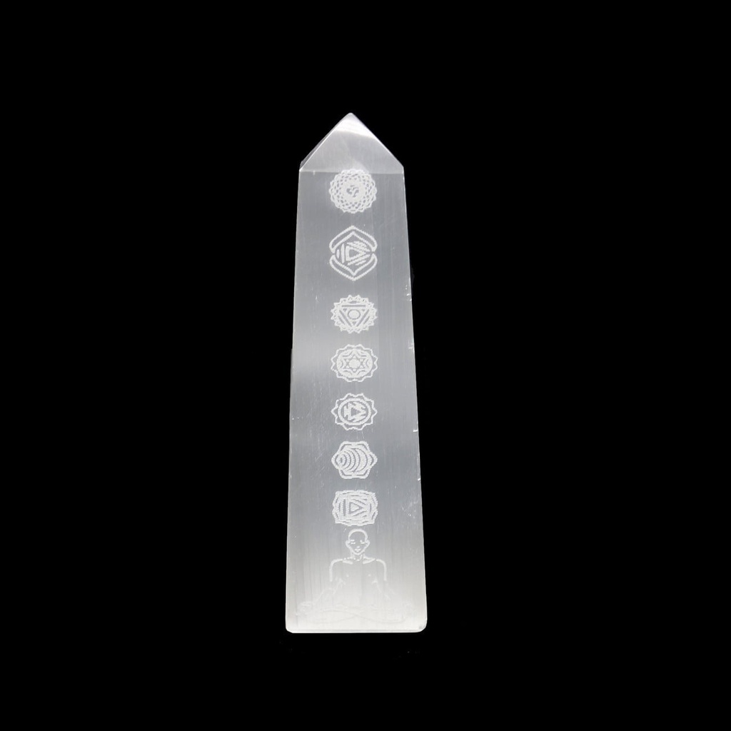 [94173] Seven Chakras Engraved Selenite Tower – 6"