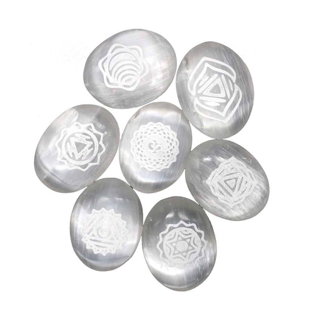 [94185] Seven Chakras Engraved Selenite Stones Set