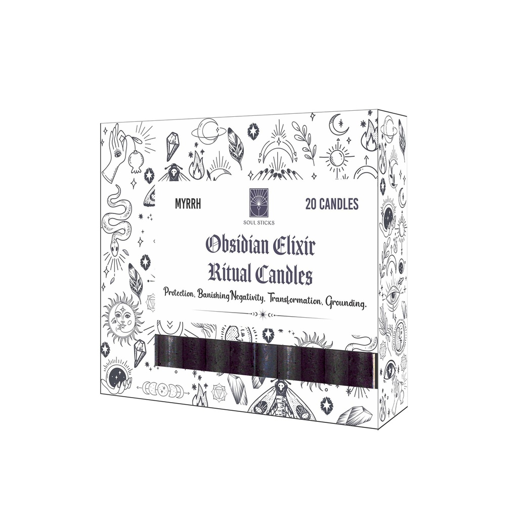 [14438] Obsidian Elixir Myrrh Vanilla Scented Ritual Candles – Pack of 20
