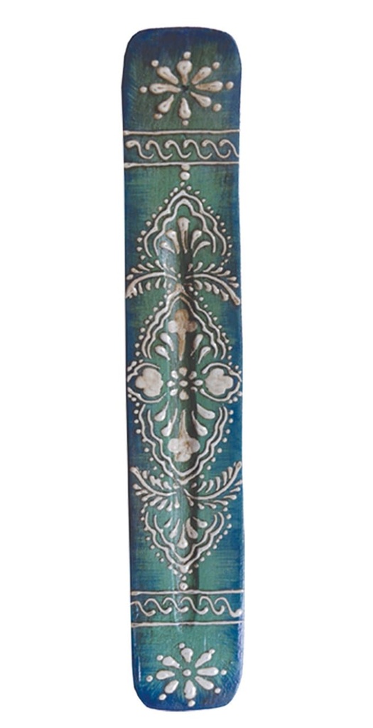 [10427] 11" Teal Patterned Mango Wood Incense Ash Catcher