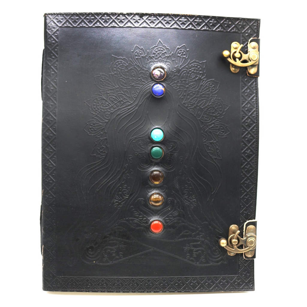 [14514] Black 7 Chakras Goddess Embossed Blank Leather Journal