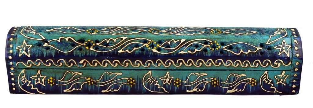[10431] Blue Hand-Painted Wooden Incense Coffin Box – 12" / Jali Cover