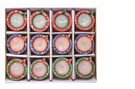 Hand Painted Diyas with wax In Gift Box (Set of 12) (2.75”)