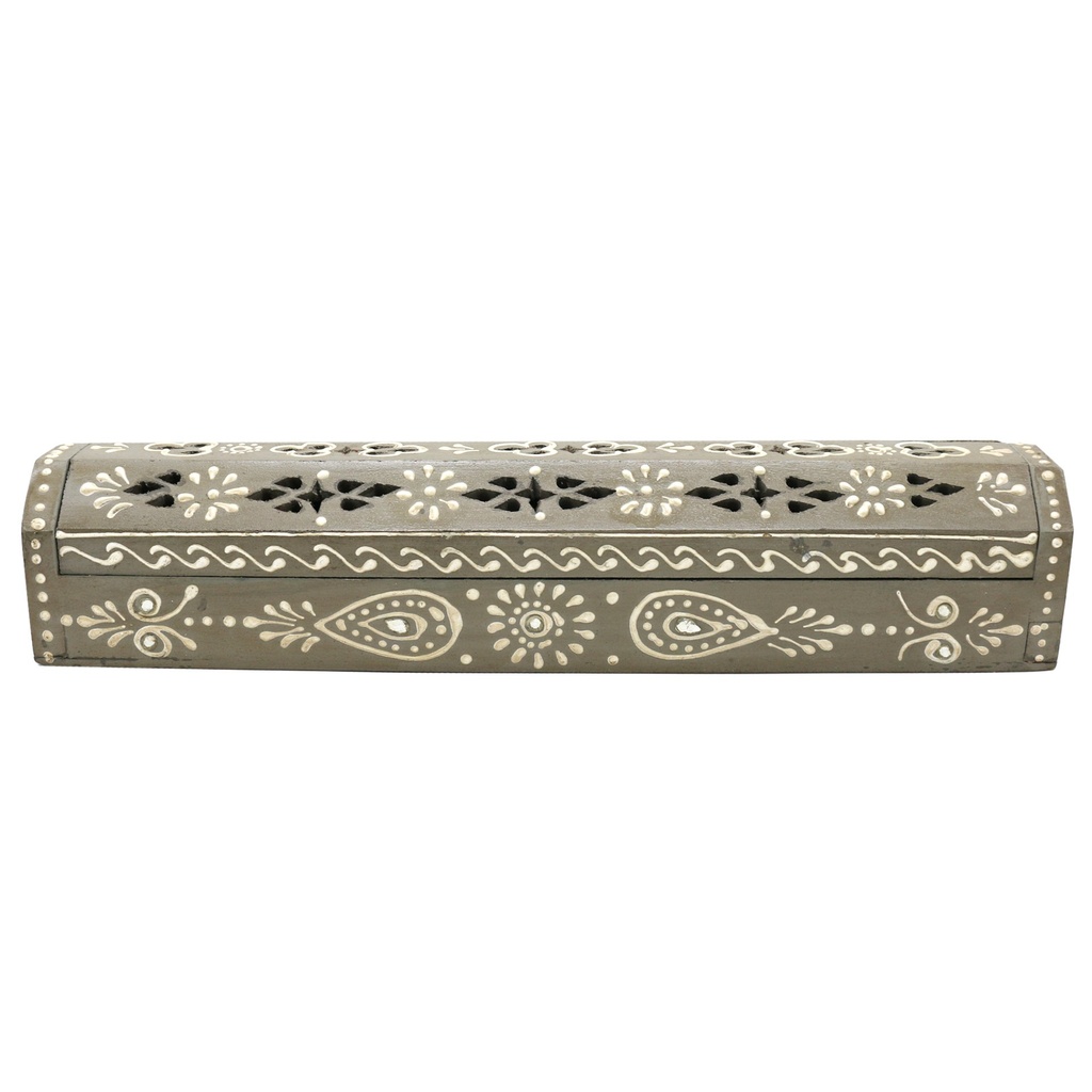[10437] 12" Gray Hand-Painted Wooden Incense Coffin Box