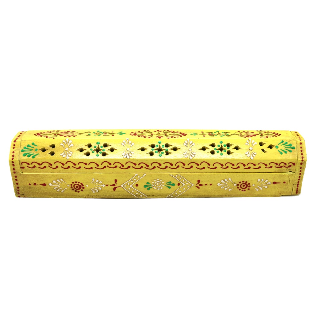 [10438] 12" Yellow Hand-Painted Wooden Incense Coffin Box