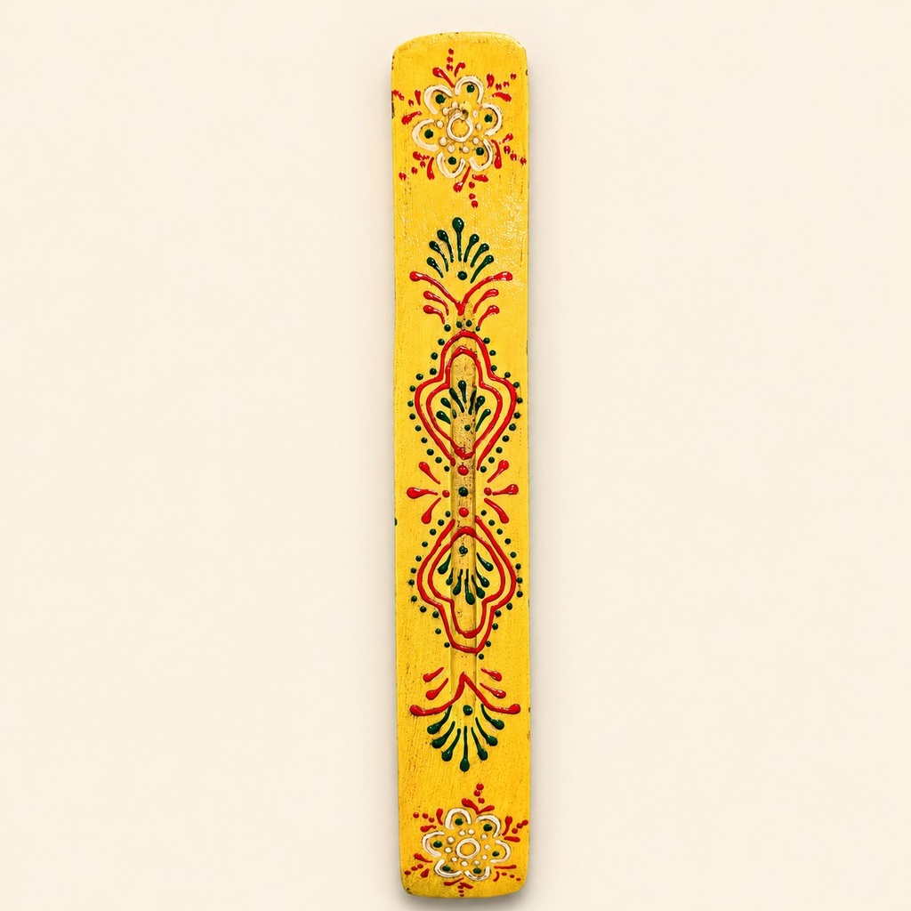 [10452] 11" Yellow Patterned Mango Wood Incense Ash Catcher