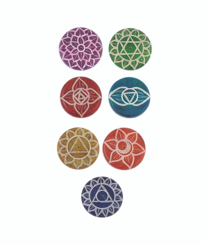 [17562] Seven Chakras Soapstone Hand-Painted Incense Burners – 2.25" / Set of 7